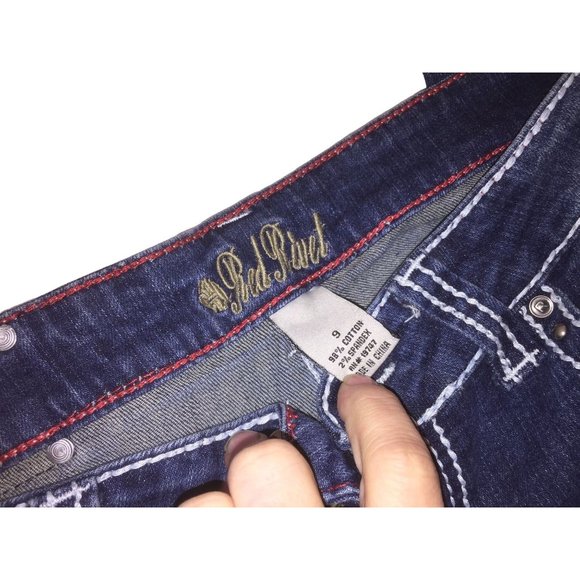 Vintage RED RIVET Dark Blue Wide Ankle Jeans with Contrasting white Threads - Si - Picture 7 of 9